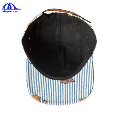 Luxury Striped 5-Panel Camp Cap with Full-Body Cartoon Print Leather Strap Vintage Washed Flat Brim Baseball Hat Bulk Supplier