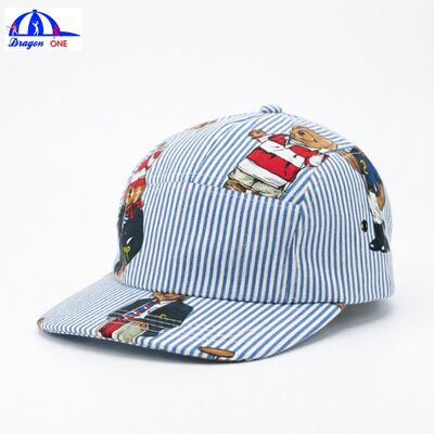 Luxury Striped 5-Panel Camp Cap with Full-Body Cartoon Print Leather Strap Vintage Washed Flat Brim Baseball Hat Bulk Supplier