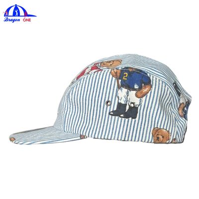 Luxury Striped 5-Panel Camp Cap with Full-Body Cartoon Print Leather Strap Vintage Washed Flat Brim Baseball Hat Bulk Supplier