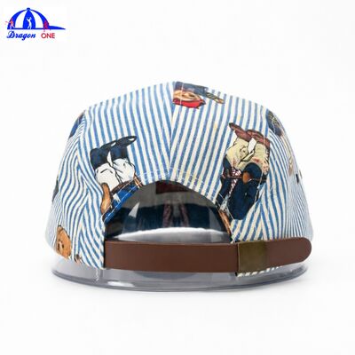 Luxury Striped 5-Panel Camp Cap with Full-Body Cartoon Print Leather Strap Vintage Washed Flat Brim Baseball Hat Bulk Supplier