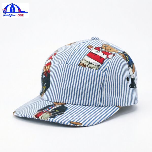 Luxury Striped 5-Panel Camp Cap with Full-Body Cartoon Print Leather Strap Vintage Washed Flat Brim Baseball Hat Bulk Supplier